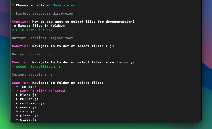 Conotion AI cloud-powered smart file selection interface showing automated codebase analysis and intelligent file detection